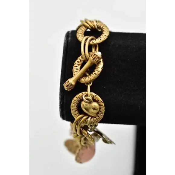 Carolee Vintage Charm Locket Bracelet Antiqued Gold Pink Floral Signed 80s BinBR - Picture 3 of 12